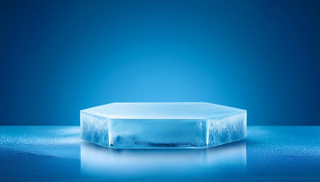 ice cube crystal surface dais empty podium product display stage pedestal platform mockup on blue background banner for cold frozen cool fresh food or drink beverage exposition presentation