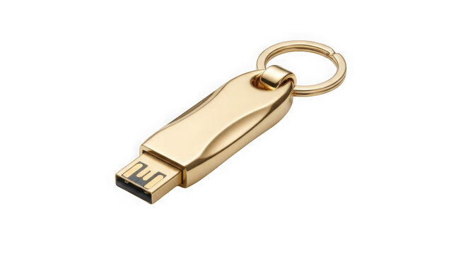 Golden usb flash drive keychain isolated on white background isolated on transparent background, illustration