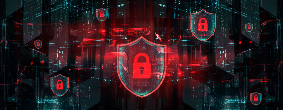 Cybersecurity abstract background with glowing red neon shields and locks on matrix data banner 3d render
