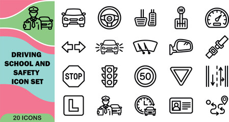 Comprehensive driving school and road safety icon set essential visuals for education training and promoting responsible driving practices © MDFOYSAL