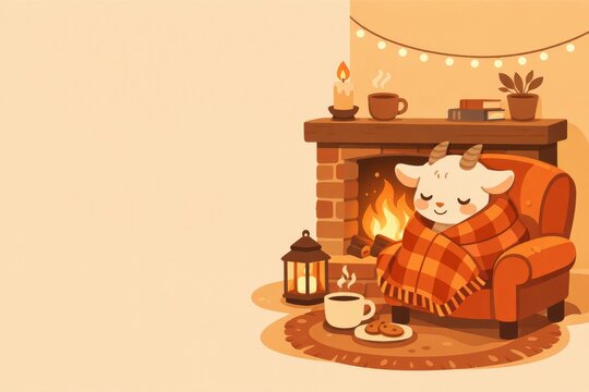Cozy goat by fireplace autumn hygge scene with blanket and hot drink for warm background poster and seasonal greeting design