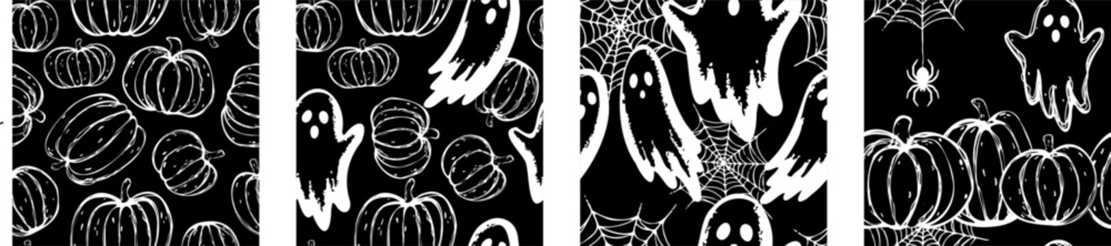 Halloween seamless pattern set with chalk ghosts, pumpkins and spider webs. Black and white spooky vector backgrounds in hand drawn sketchy style for wrapping paper, textile.