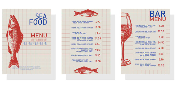 Seafood and bar menu design template set with hand drawn fish and wine glass sketches. Retro vector layouts on grid background for restaurant, cafe or bistro branding