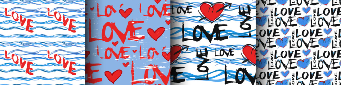 Love seamless pattern set with hearts and lettering. Romantic vector backgrounds in grunge brush stroke style for Valentine's Day, wedding, wrapping paper, textile.