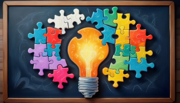 puzzle pieces add up to bright idea on chalkboard