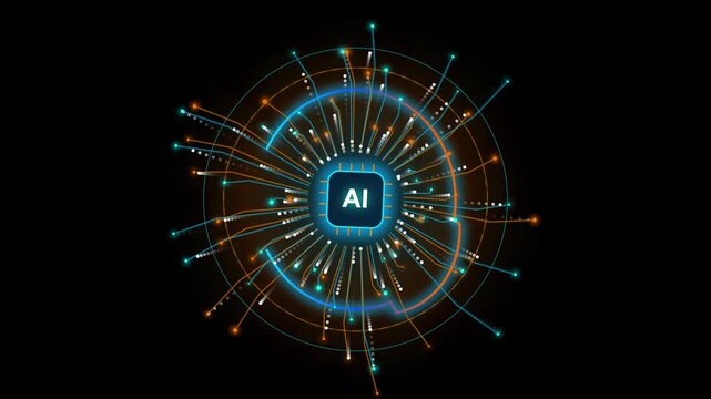 Artificial intelligence network connections glowing in the dark with circular design and text