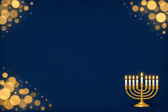 Hanukkah menorah with glowing candles and gold bokeh on navy background for holiday card banner and festive greeting design