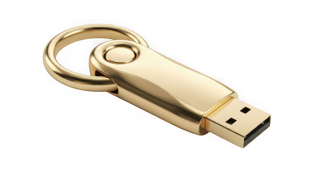 Gold usb flash drive on a keychain isolated isolated on transparent background, illustration