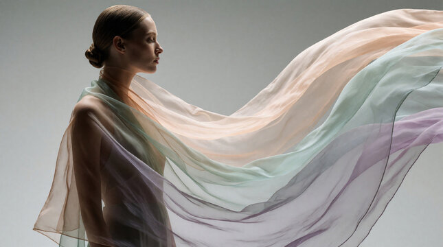Young woman poses in flowing translucent fabric. Layered sheer textiles with pastel colors wrap around body. Ethereal chiffon, silk cloth move in wind. Elegant model wears colorful gauze material in