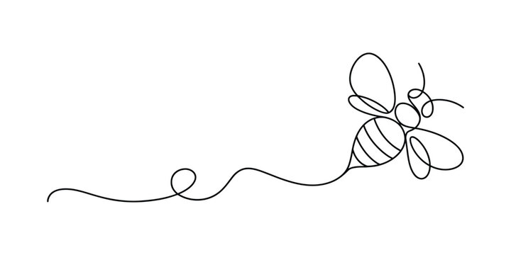 Continuous single line drawing of a flying bee with a curvy path trail in a simple minimalist art style for modern creative design projects