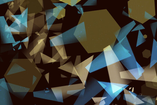 Modern abstract dark background featuring glowing blue and gold geometric shapes hexagons triangles bokeh particles and soft lighting effects perfect for festive design banner or digital backdrop.