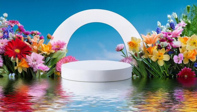 spring scene and natural background white podium on the water surface in the colorful flowers arch for product display advertising