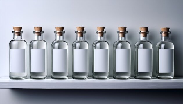 six glass bottles with white labels are arranged on a shelf against a white wall each bottle contains a clear liquid the bottles are placed next to six rectangular