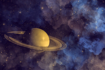 Majestic planet Saturn with rings in deep space surrounded by glowing stars and blue watercolor clouds. Perfect for astronomy and cosmic fantasy backgrounds. © Tetiana