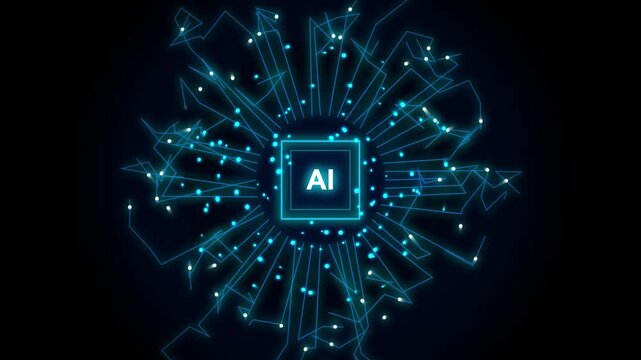 Artificial intelligence network glowing blue on black background digital technology concept
