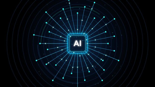Artificial intelligence network glowing blue on black background with repeating circular patterns
