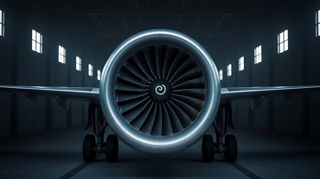 Airplane Jet Engine Turbine Close Up Inside Aircraft Hangar Maintenance