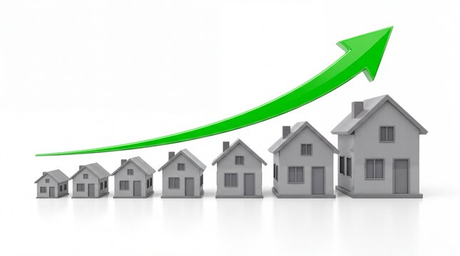 A growing row of toy houses with a large green upward-trending arrow arching over them against a clean white background, real estate market growth and housing prices concept.