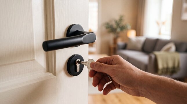 Close-up of a human hand using a key to open a wooden interior door in a cozy modern apartment living room, real estate moving and property purchase concept.