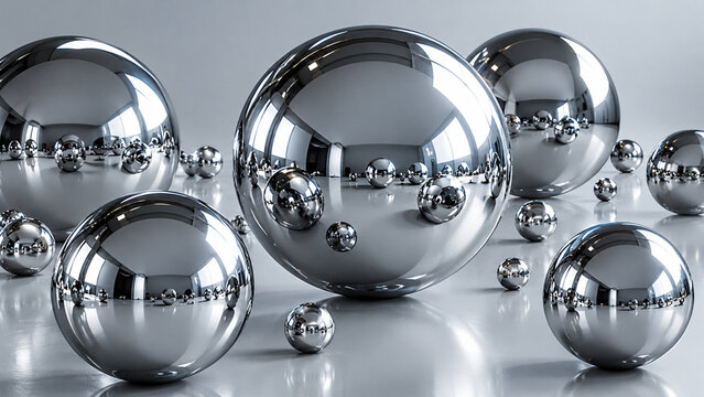 Reflective Chrome Metallic Spheres on a Futuristic Silver Surface
