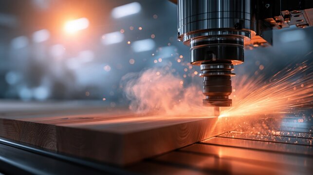 High-precision cnc machining process shaping a wooden workpiece with sparks flying in a modern industrial manufacturing environment