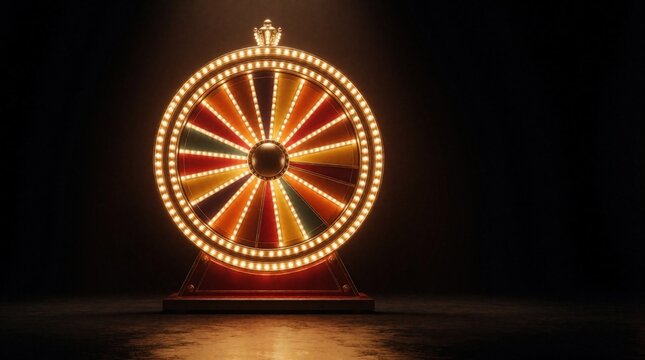 Glowing wheel of fortune stands on dark stage. Bright neon lights illuminate colorful segments of gambling game. Golden spinning prize wheel rotates in dark studio. Concept of luck, chance, big