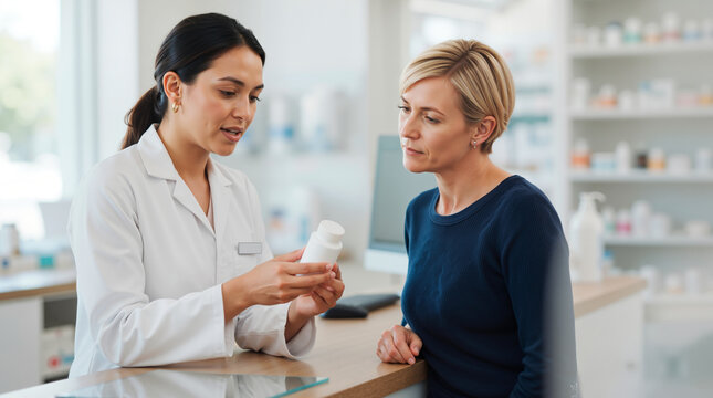 Female pharmacist explaining medication to a customer at the pharmacy counter. Healthcare consultation and medical advice concept. Professional woman in white coat holding pill bottle