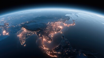 Fototapeta premium Satellite view of the Asian continent at night showcasing illuminated urban areas and vibrant city lights along coastlines and inland regions
