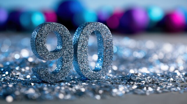 Glittering silver number ninety with festive bokeh background celebrating a milestone event or anniversary with sparkling confetti and colorful lights
