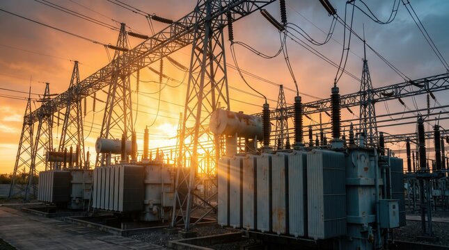 Electrical power substation transformers with high voltage steel pylons silhouette at orange sunset