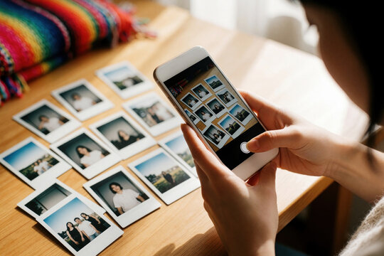 Young woman looks at photos on wooden table. Girl uses smartphone to scan instant pictures, digitize memories. Close up of hands holding mobile device to upload old snapshots into digital gallery for