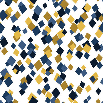 Seamless scattered geometric square pattern in navy and mustard yellow