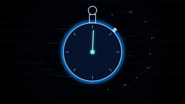 Digital clock with glowing blue interface and binary code on a black background