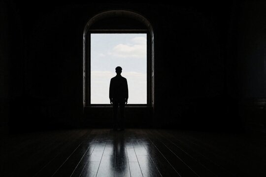 Man silhouette stands in front of large window in dark room. Lonely person looks at bright sky through window frame. Mysterious shadow figure in empty apartment creates moody atmosphere of solitude,