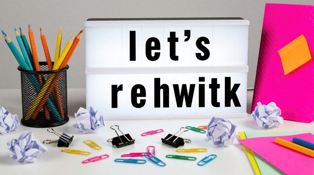 Creative workspace with lightbox showing Let Rethink message. Colorful stationery, bright pens, clips, crumpled paper lie on desk. Messy office setup for brainstorming new ideas, business strategy,