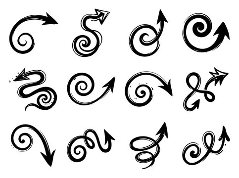 Hand drawn sketch swirl and curly arrow collection vector set, bold black ink brush stroke looping pointer graphic elements for creative design, infographics, and presentation templates.   