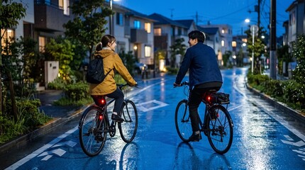 Fototapeta premium Friends ride home through a glowing Tokyo rainstorm