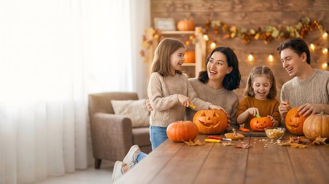 Gl&uuml;ckliche Familie Schnitzt Gemeinsam K&uuml;rbisse f&uuml;r Halloween am Holztisch im Gem&uuml;tlichen Wohnzimmer Stock-Foto