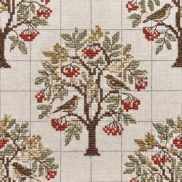Intricate cross stitch embroidery pattern featuring stylized trees with red berries and small birds on a white grid fabric background for rustic home decor and textile design projects