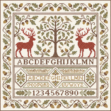 Intricate woodland themed cross stitch sampler featuring majestic deer and oak tree motifs with a full alphabet and numbers in a rustic autumn color palette for craft projects
