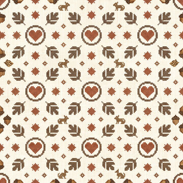 Seamless autumn pattern featuring cross stitch embroidery of hearts leaves acorns and woodland animals on a textured linen fabric background for cozy seasonal textile design projects