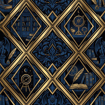 Seamless luxury pattern featuring ornate gold diamond frames with dark blue vintage library elements including gargoyles, celestial globes, quill pens and antique books for elegant decor