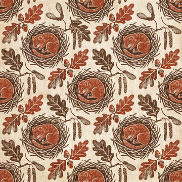 Seamless pattern featuring cute sleeping mice in cozy nests surrounded by autumn oak leaves and acorns in a rustic linocut print style for textile design and seasonal home decor projects