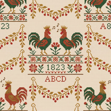 Seamless pattern featuring traditional folk art cross stitch embroidery with roosters floral motifs and vintage typography on a textured beige fabric background for textile design