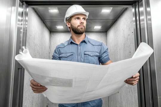 A construction worker stands in an elevator holding blueprints while planning for a building project at a construction site