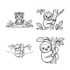 Obraz premium Cartoon jungle animals coloring set featuring leopard and sloths on trees for kids activity book and educational preschool art.