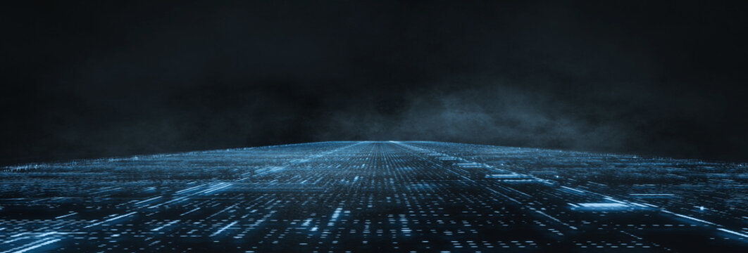 Abstract digital background with glowing blue tech grid perspective and smoky dark atmosphere 3d render