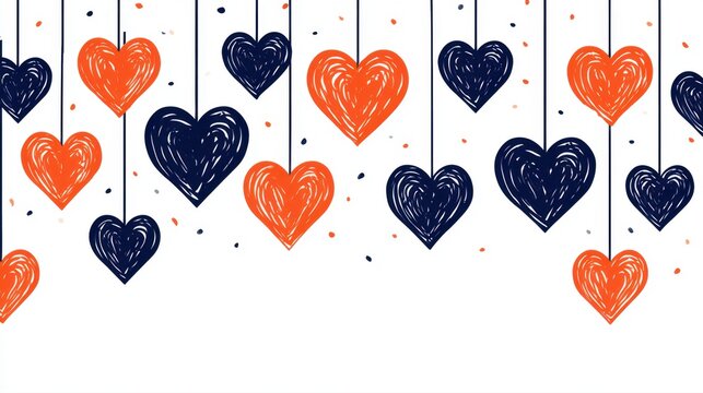 Abstract hanging hearts in alternating orange and dark blue colors with hand-drawn scribble effect and confetti on white background for romantic design