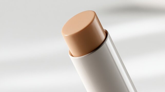Minimalist foundation stick with creamy beige tone in sleek white tube designed for smooth and easy application in a neutral bright setting for beauty enthusias