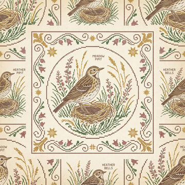 Vintage cross stitch embroidery seamless pattern featuring a detailed meadow pipit bird in a nest surrounded by botanical heather elements on a textured beige background for textile design